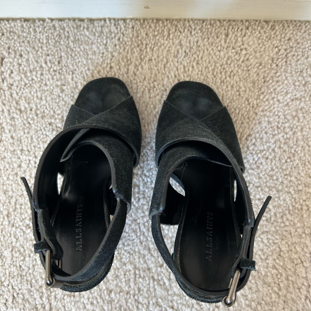 All Saints Black Suede CrissCross Peep Toe - Picture 1 of 5